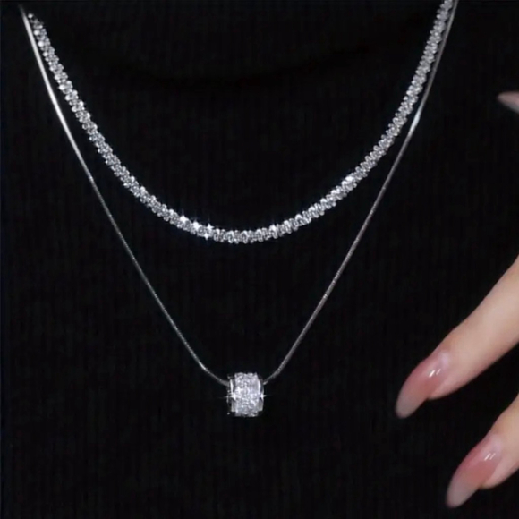 Silver Plated Layered Collar Necklace Synthetic Diamonds - Picture 6 of 10